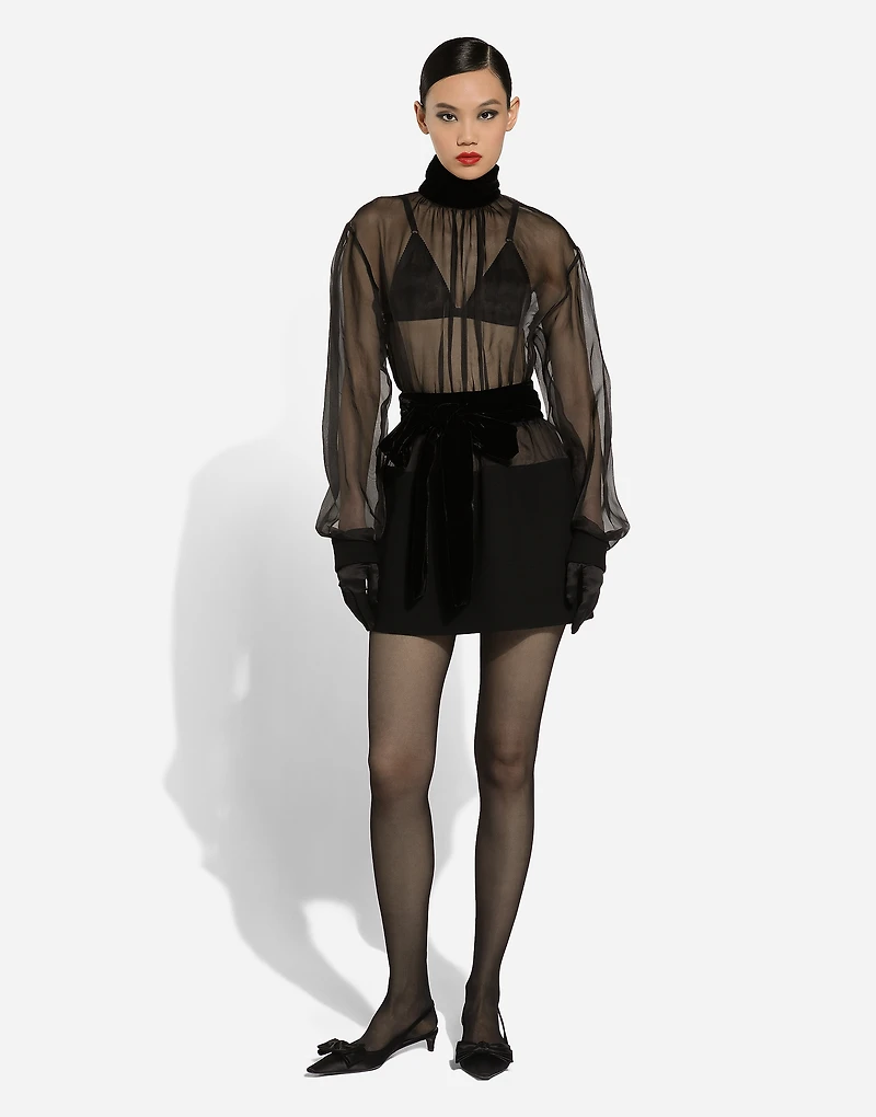 Short wool crepe and organza dress