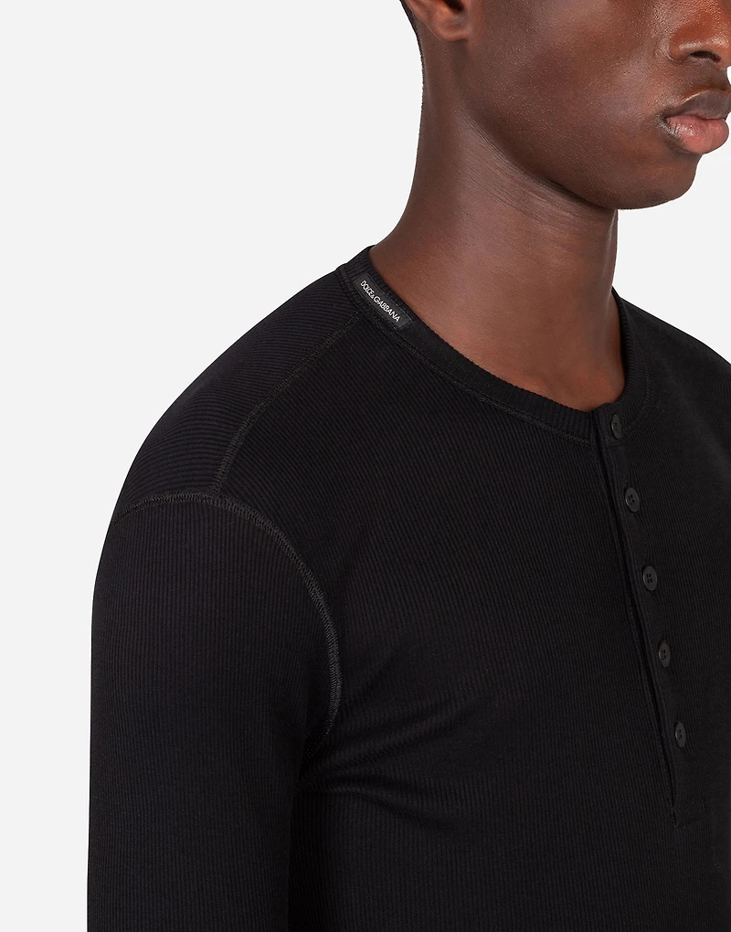 Fine-rib cotton granddad-neck t-shirt with long sleeves