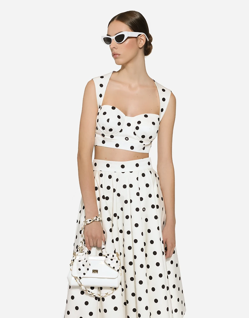 Cotton drill calf-length circle skirt with polka-dot print