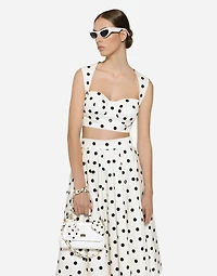 Cotton drill calf-length circle skirt with polka-dot print