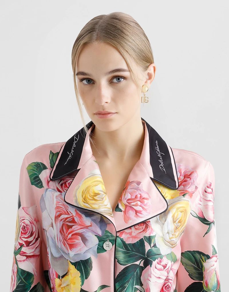 Twill pajama shirt with rose and peony print