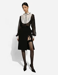 Wool midi pencil skirt with satin waistband