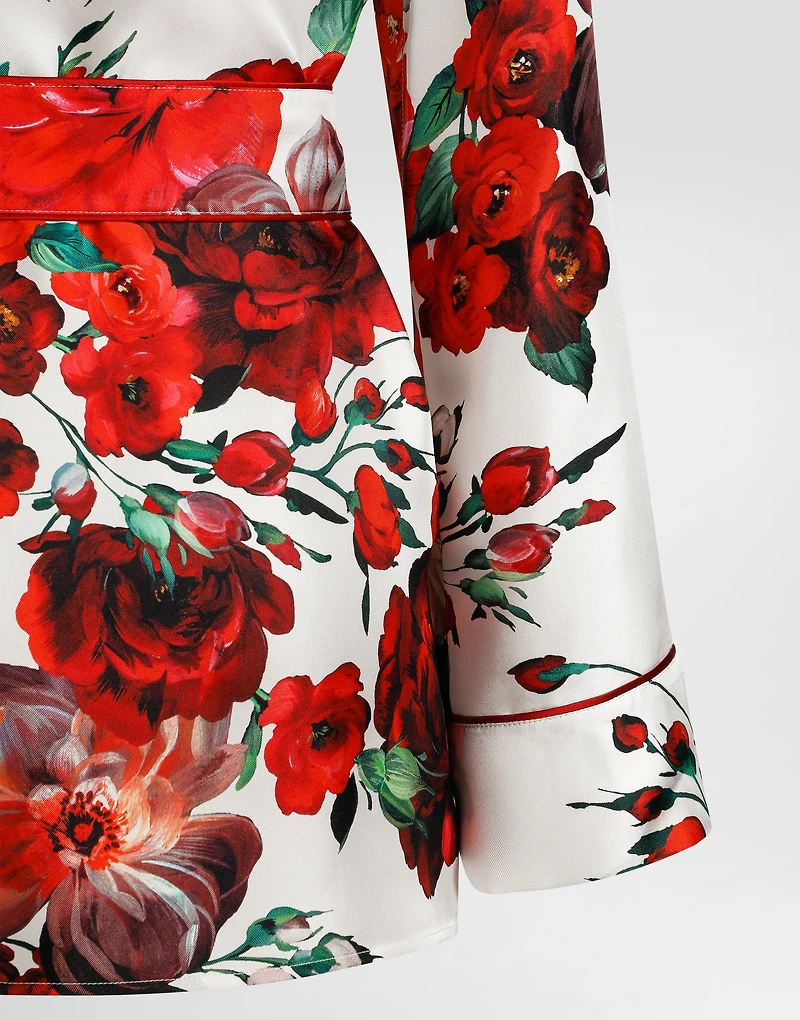 Long-sleeved twill pajama shirt with rose print