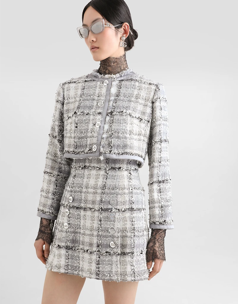 Short check lurex raschel tweed jacket