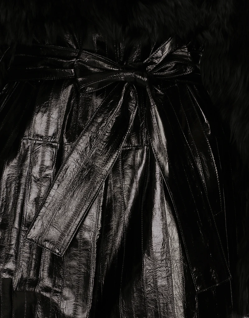 Alpaca and eel skin single-breasted coat with belt