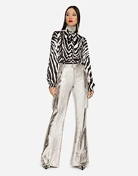 Zebra-print satin pussy-bow shirt
