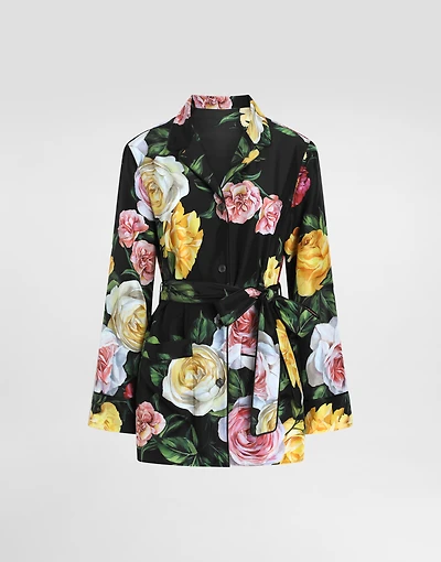 Silk habotai pajama shirt with rose and peony print