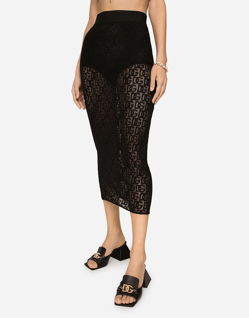 Tulle calf-length skirt with all-over DG logo