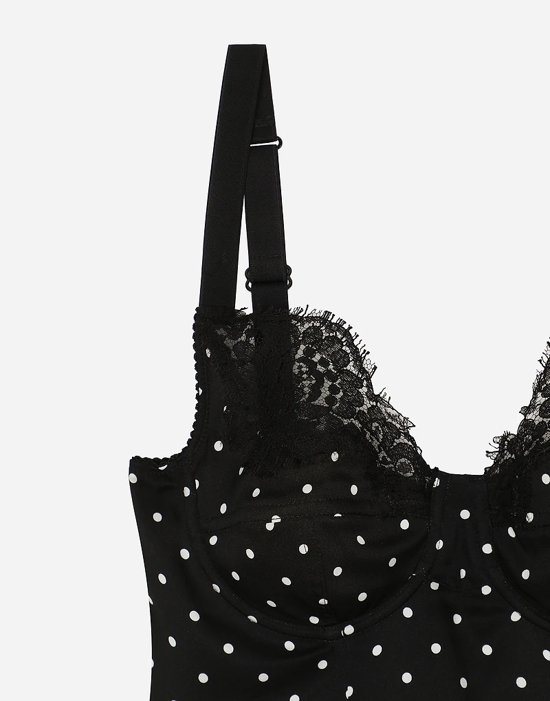Silk lingerie-style top with polka-dot print and lace detailing
