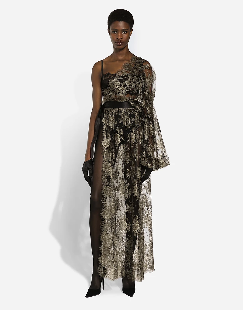 Calf-length one-shoulder lamé Chantilly lace dress