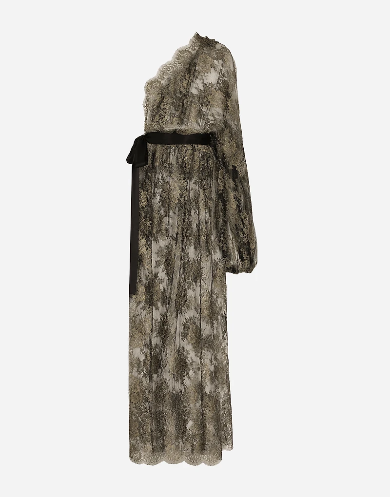 Calf-length one-shoulder lamé Chantilly lace dress