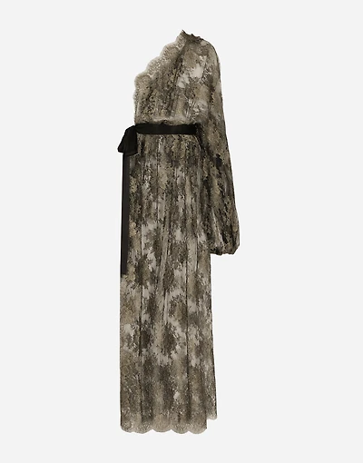 Calf-length one-shoulder lamé Chantilly lace dress