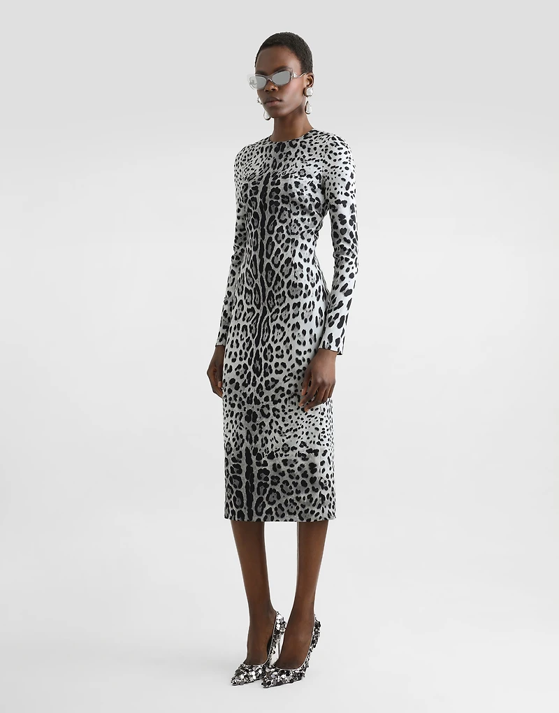 Charmeuse calf-length sheath dress with leopard print