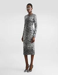 Charmeuse calf-length sheath dress with leopard print