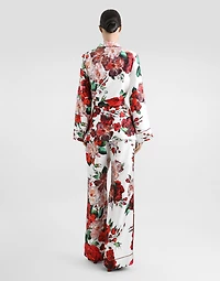 Long-sleeved twill pajama shirt with rose print