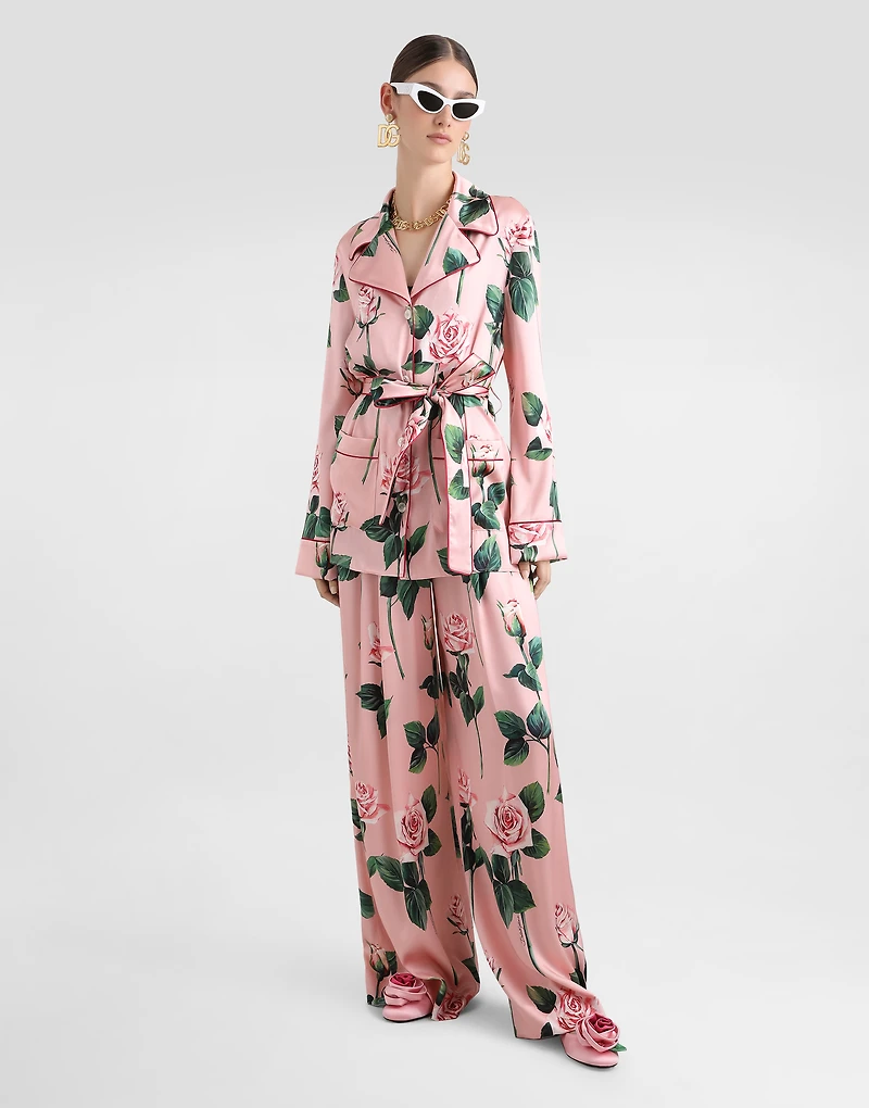 Silk pajama pants with rose print