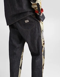 Loose blue denim and silk jeans with lighter print