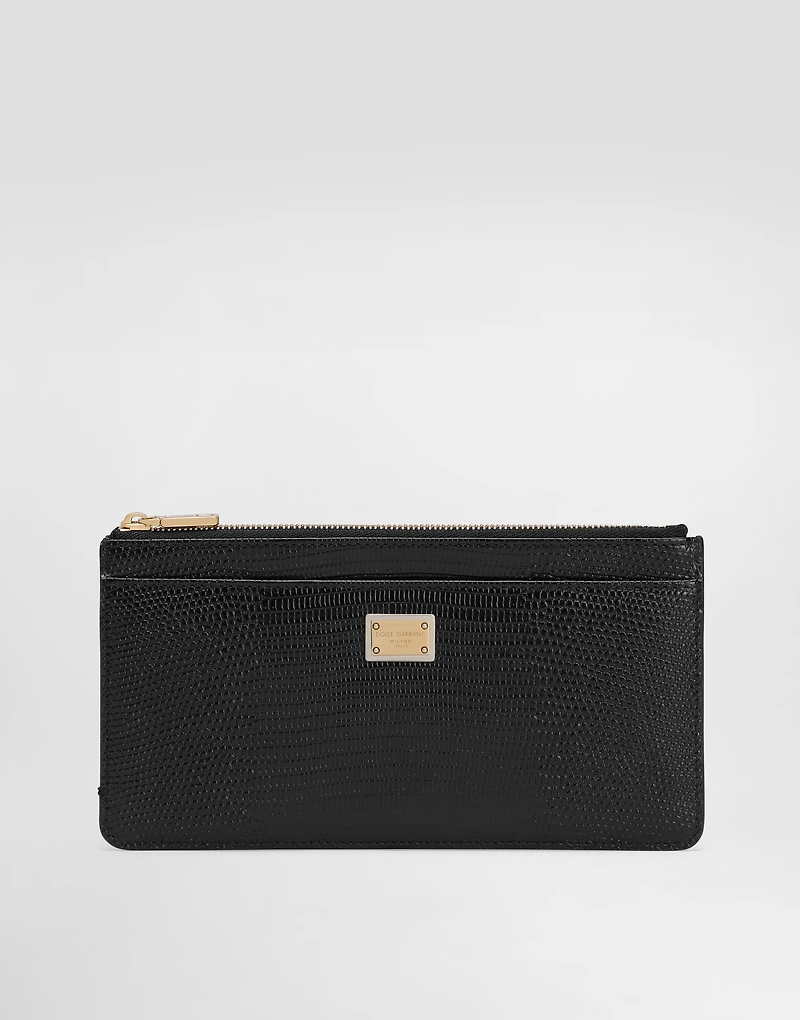 Iguana-print leather card holder with plate