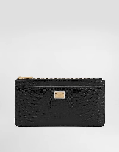 Iguana-print leather card holder with plate