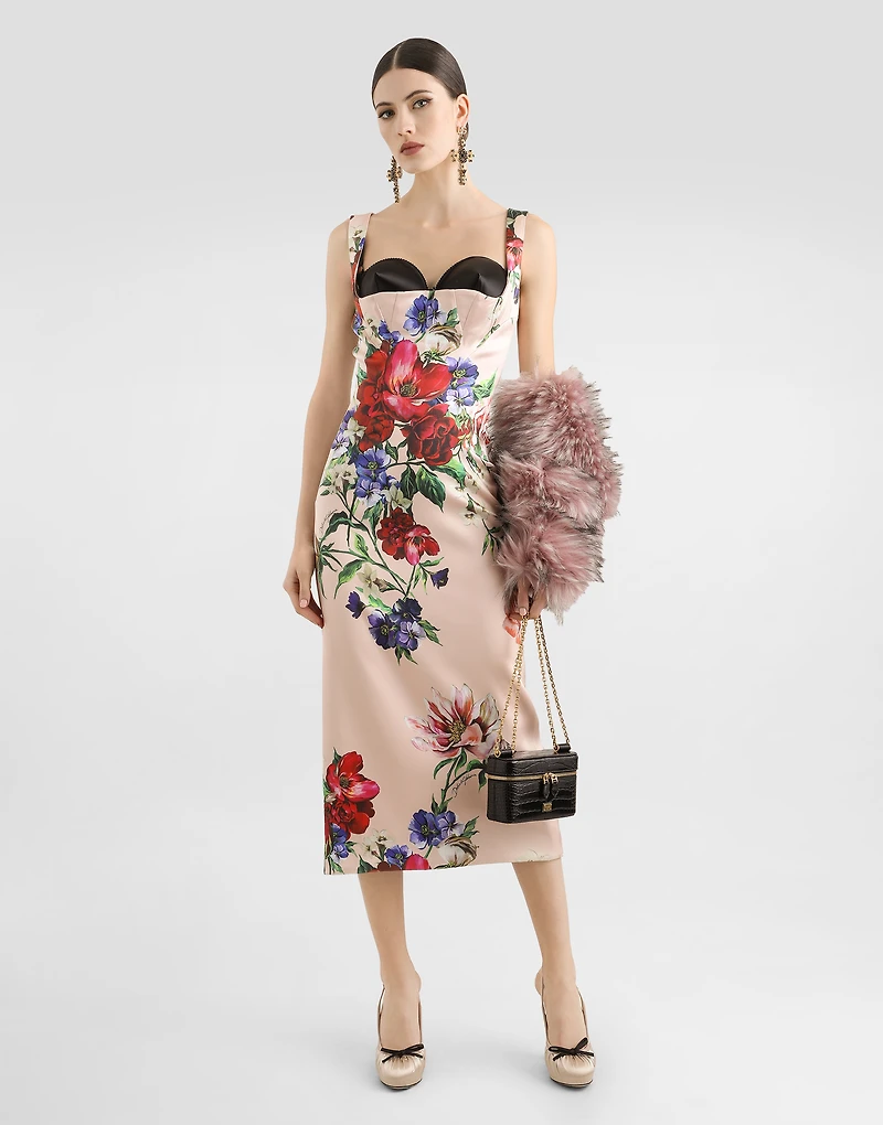 Satin calf-length sheath dress with floral print