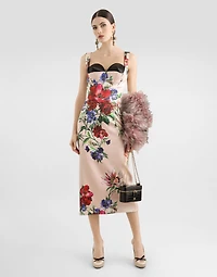 Satin calf-length sheath dress with floral print