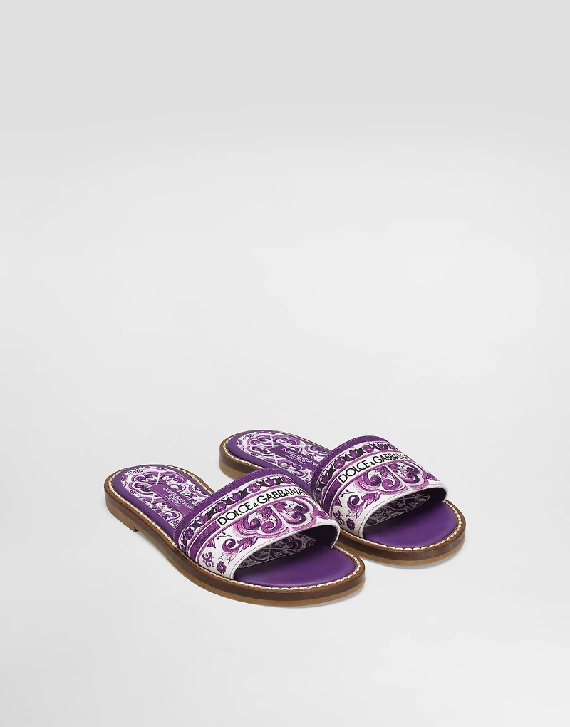 Majolica-print canvas flat slipper