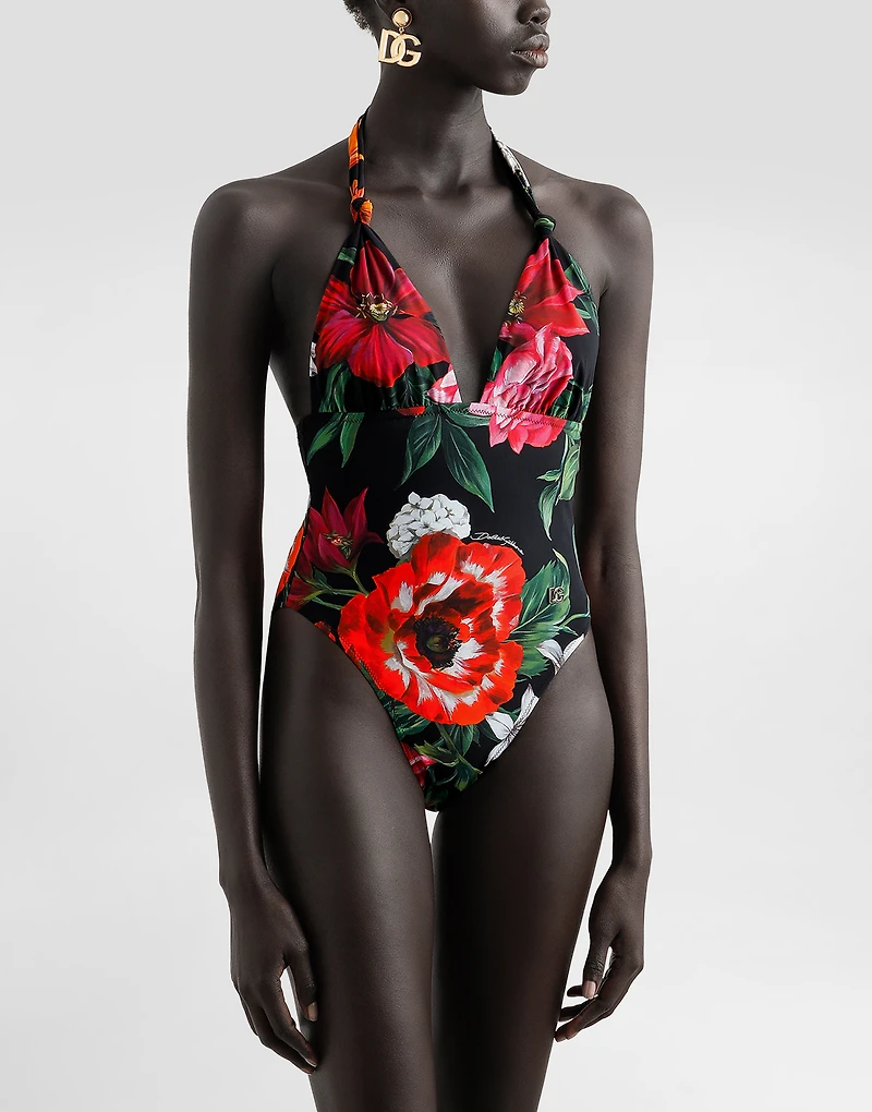 Flower-print one-piece swimsuit