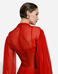 Long silk chiffon dress with bow detail