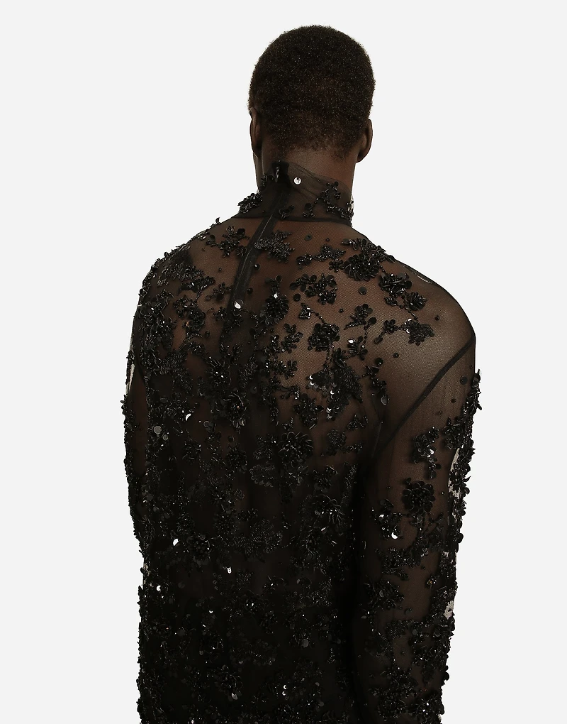 High-necked tulle T-shirt with sequined details