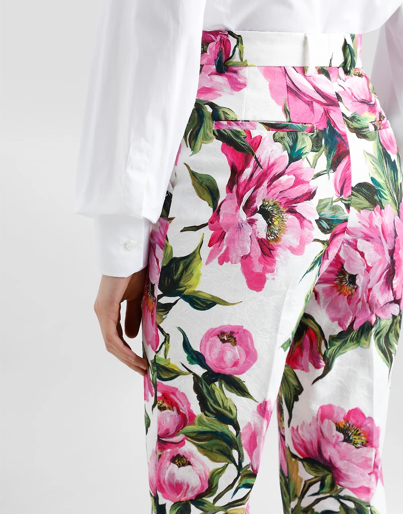 Peony-print cotton jacquard pants