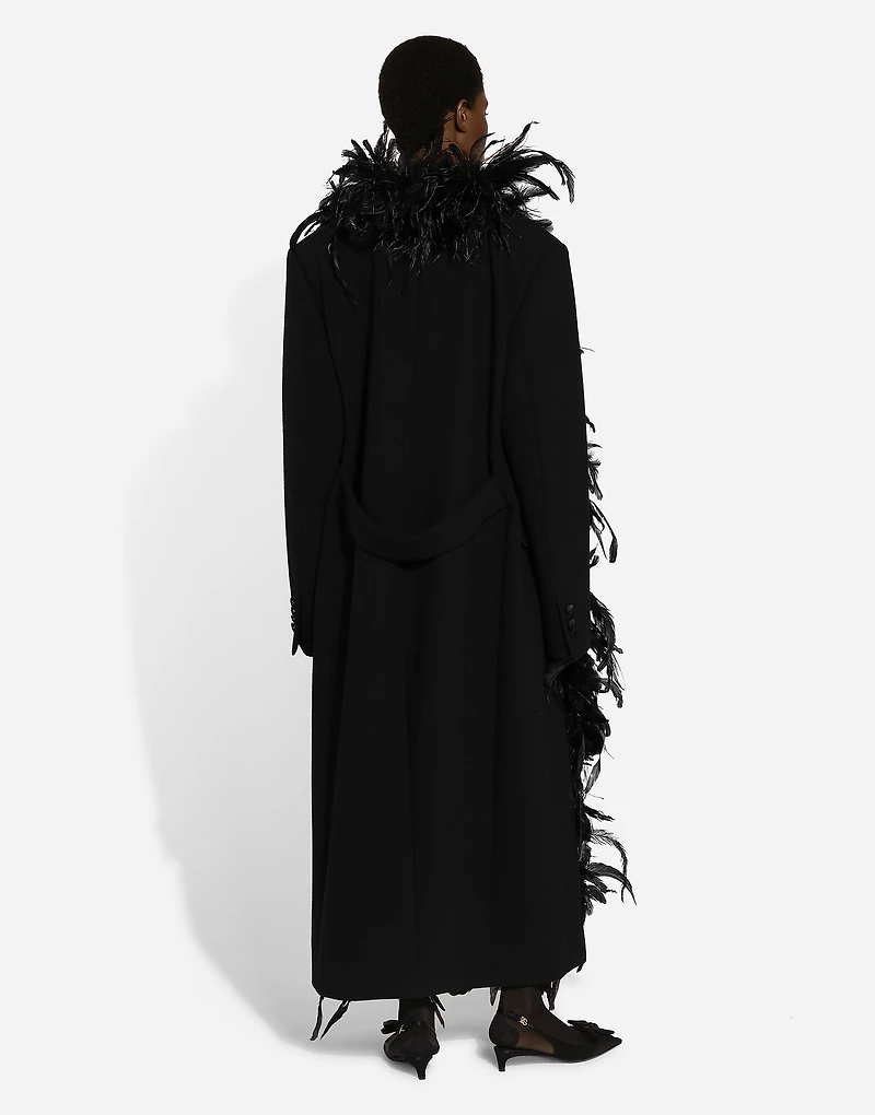 Double-breasted wool crepe coat with belt and rooster feather embellishment