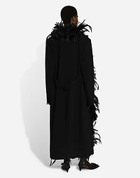 Double-breasted wool crepe coat with belt and rooster feather embellishment