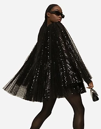Short pleated dress with full sequined sleeves