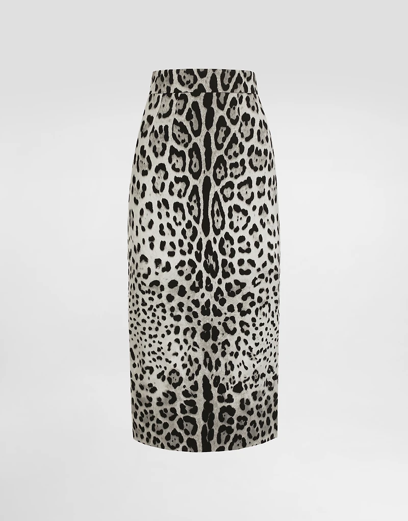 Charmeuse calf-length pencil skirt with leopard print