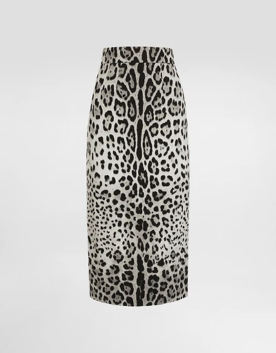 Charmeuse calf-length pencil skirt with leopard print