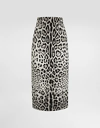 Charmeuse calf-length pencil skirt with leopard print