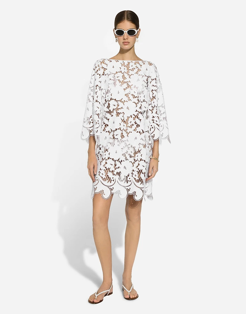 Floaty short cotton dress with floral openwork embroidery