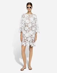 Floaty short cotton dress with floral openwork embroidery
