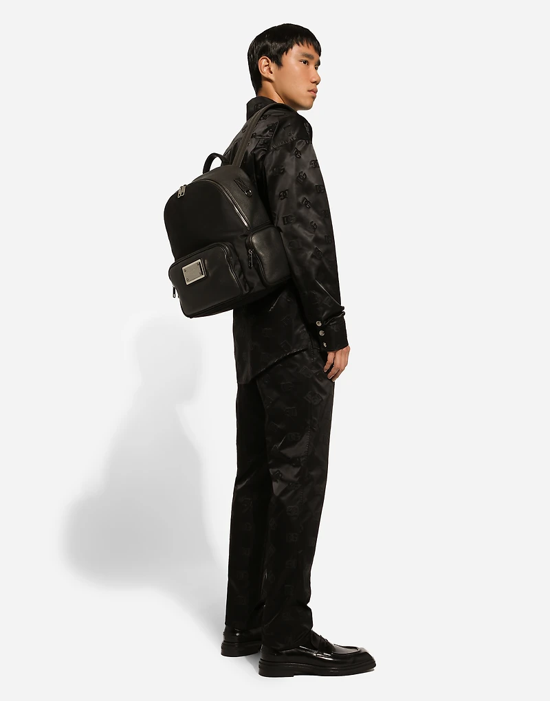 Grainy calfskin and nylon backpack