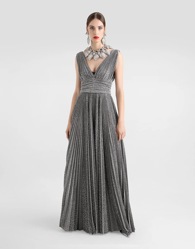 Long pleated dress with micro-sequin embellishment