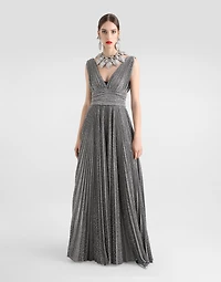 Long pleated dress with micro-sequin embellishment
