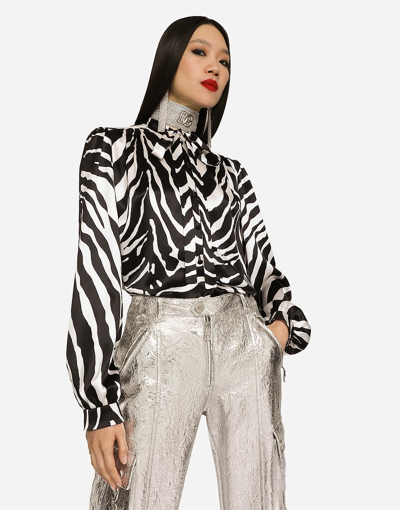 Zebra-print satin pussy-bow shirt