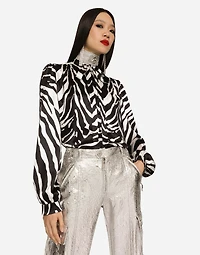 Zebra-print satin pussy-bow shirt