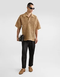 Short-sleeved viscose crochet polo-shirt