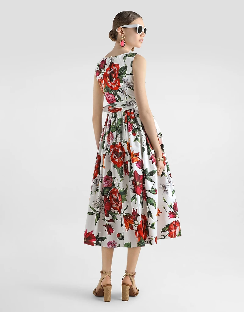 Flower-print sleeveless poplin dress
