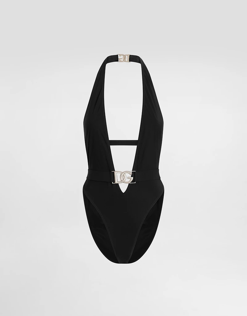 One-piece swimsuit with plunging neck and belt