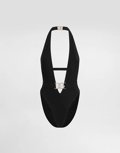One-piece swimsuit with plunging neck and belt
