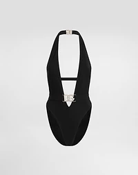 One-piece swimsuit with plunging neck and belt