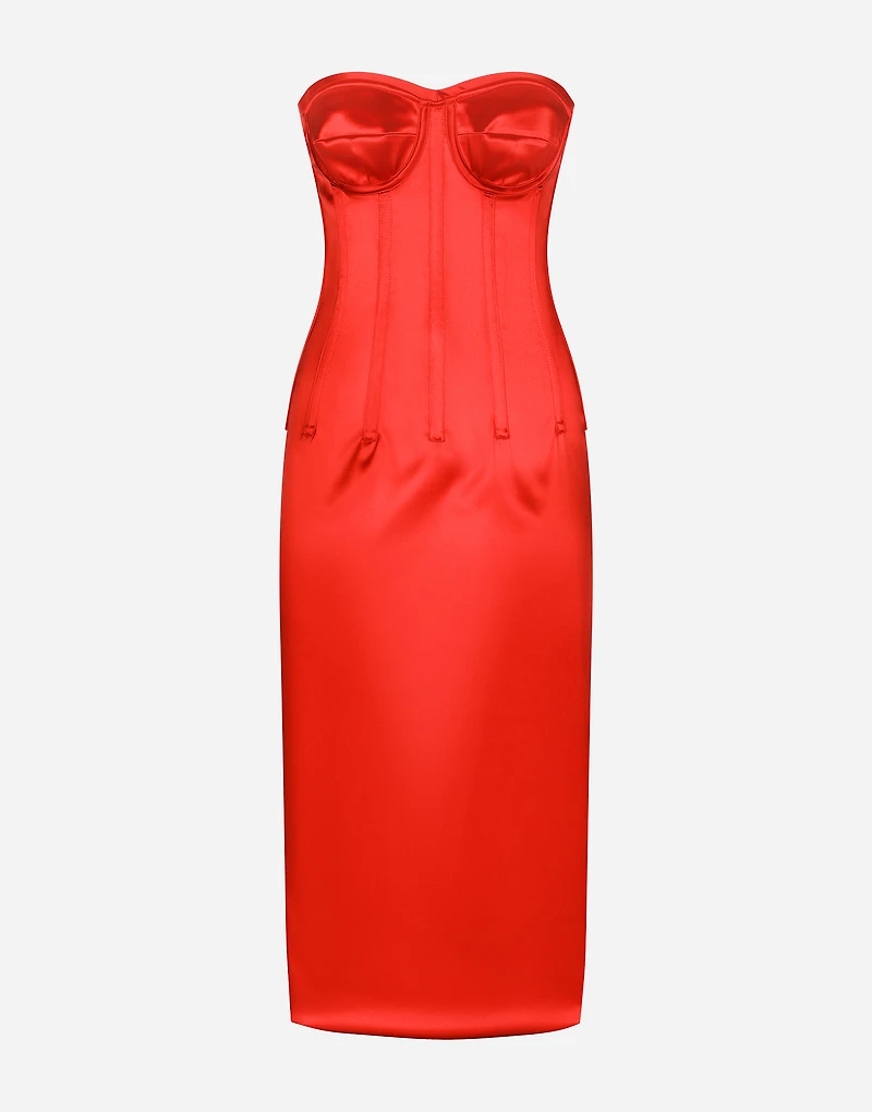 Satin calf-length dress with corset details