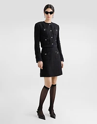 Cropped single-breasted raschel tweed jacket with bejeweled buttons